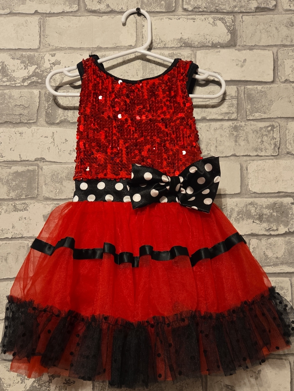 Weissman Red Sequin Tulle Dress with Black Polka Dot Bow